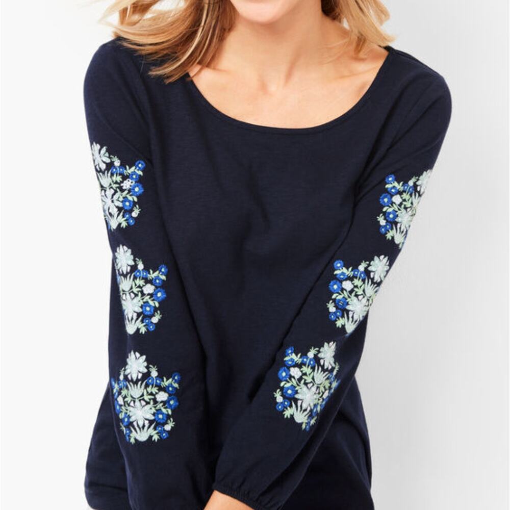 Talbots Embroidered Peasant Top Navy Blue Floral Sleeve Knit Blouse Plus Size 2X